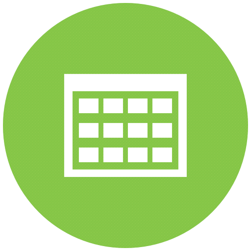 Ein grüner Kreis mit einem weißen Kalender. Der Button führt zu Terminen der Elly Heuss Knapp Schule.