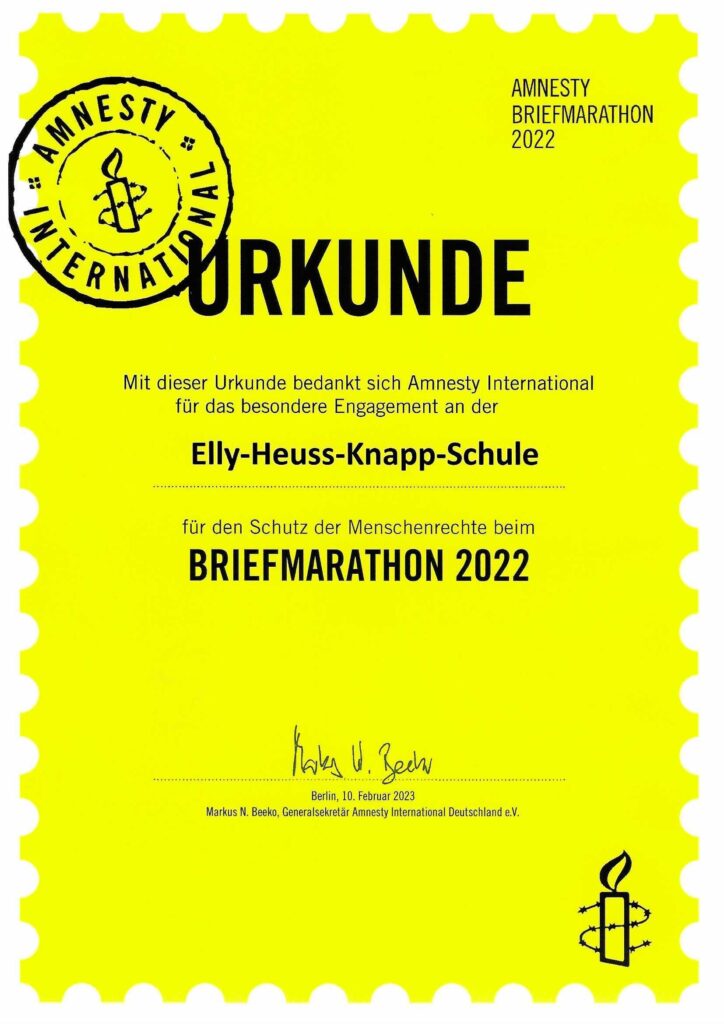 Teilnahmeurkunde am Briefmarathon 2022 von Amnesty International