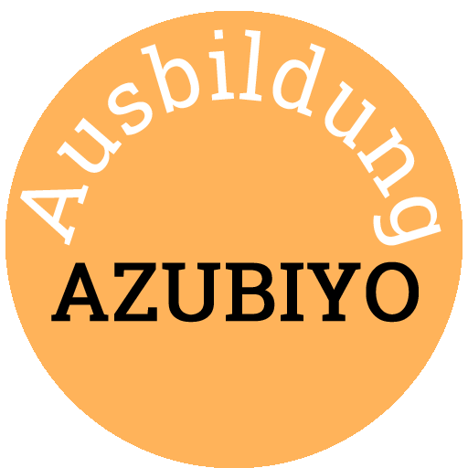 Ein orangener Kreis mit weißer und schwarzer Schrift. Der Button führt zu Website Azubiyo.